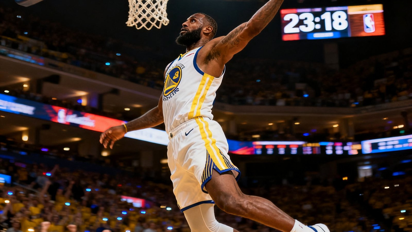 NBA比赛集锦封面展示一名球员在快攻中飞身扣篮的定格画面，背景为计分板和观众起立欢呼的模糊影像。