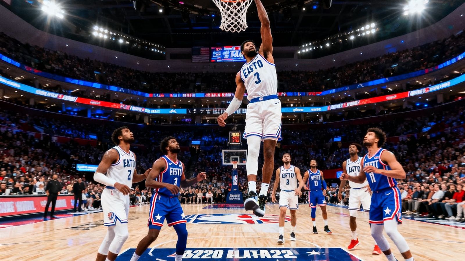 2025年NBA全明星赛东部与西部球员在篮下激烈对抗的精彩画面，一名球员腾空完成单手劈扣，球馆内灯光璀璨观众席爆满。